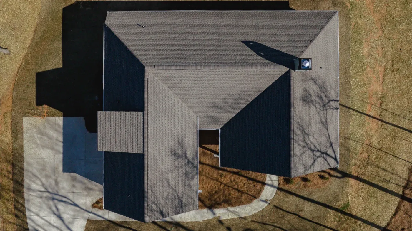 An aerial view of a completed roof replacement on a Chattanooga, TN home by Southern Exteriors.