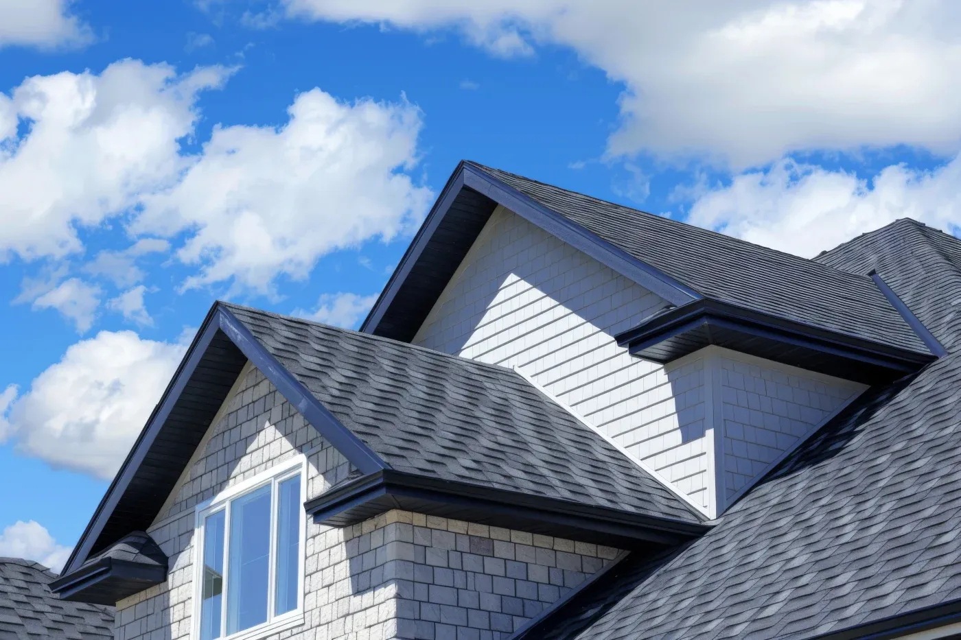 A close-up of an asphalt shingle roof on a light-colored brick house.