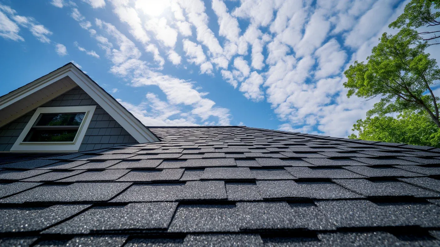 A close-up view of asphalt shingles on a residential roof.