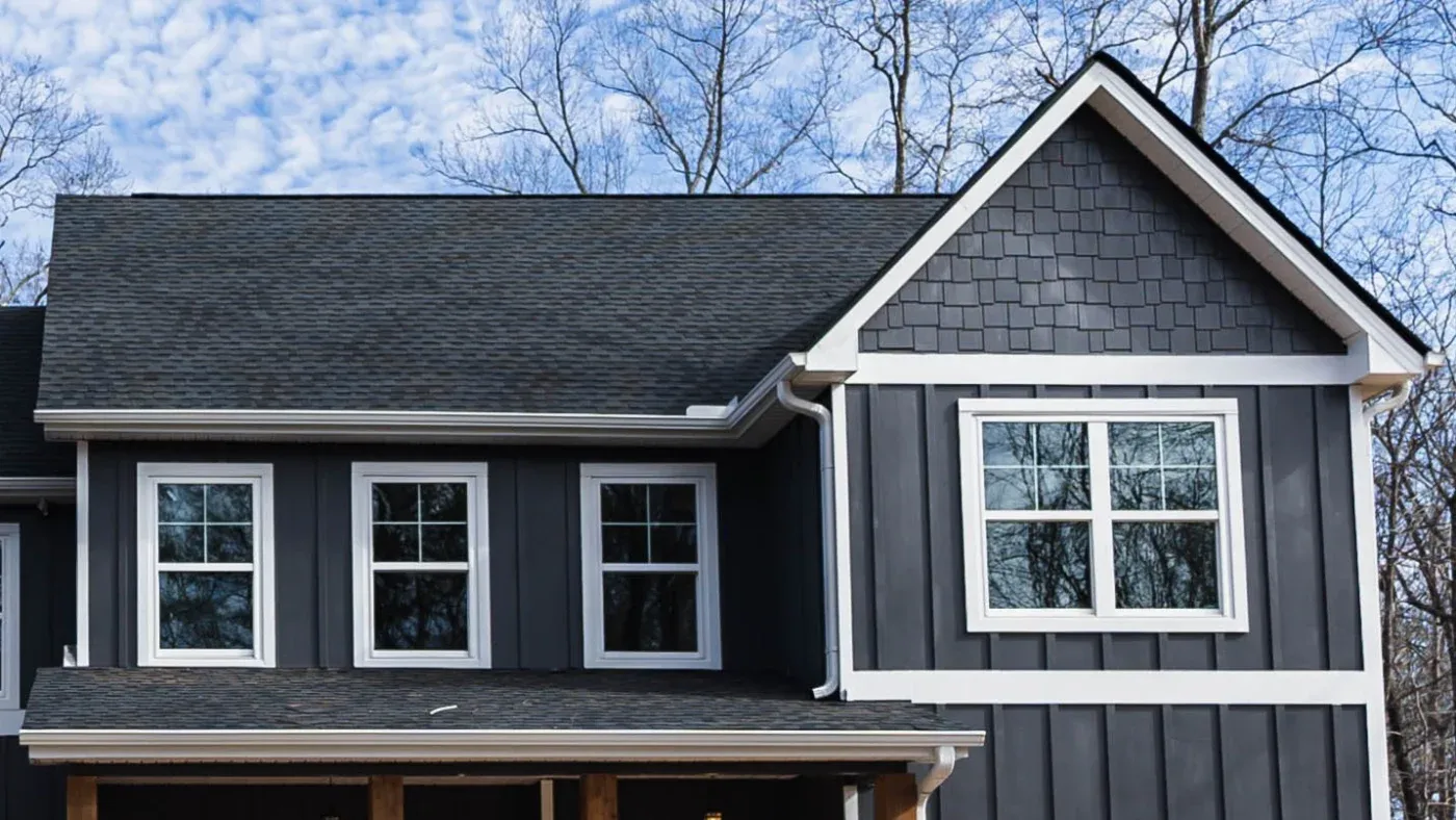 The upper floor of a North Atlanta home with new black asphalt shingles.