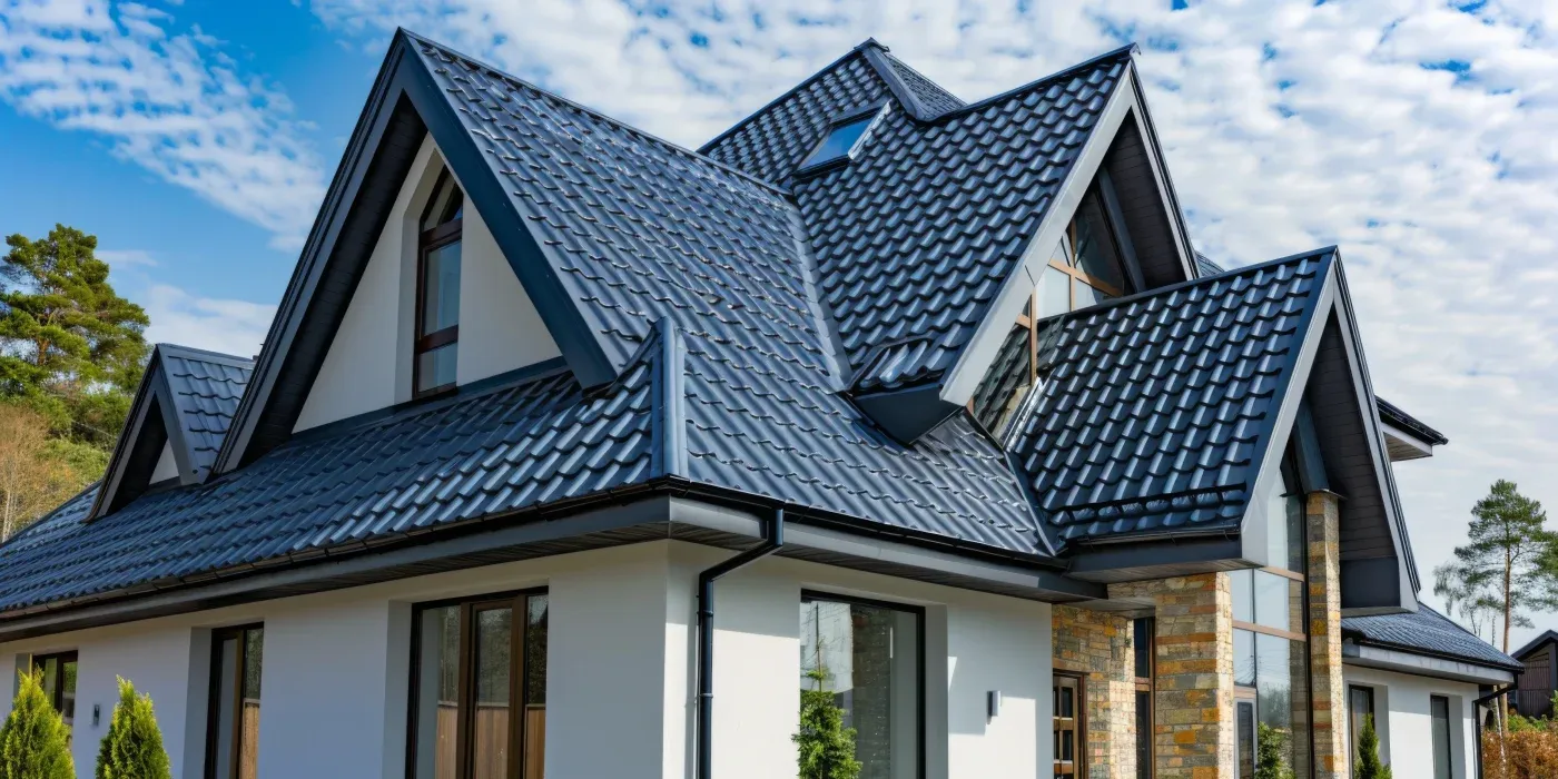 A metal roof on a two-story house with windows, light stucco, and a brick entrance.