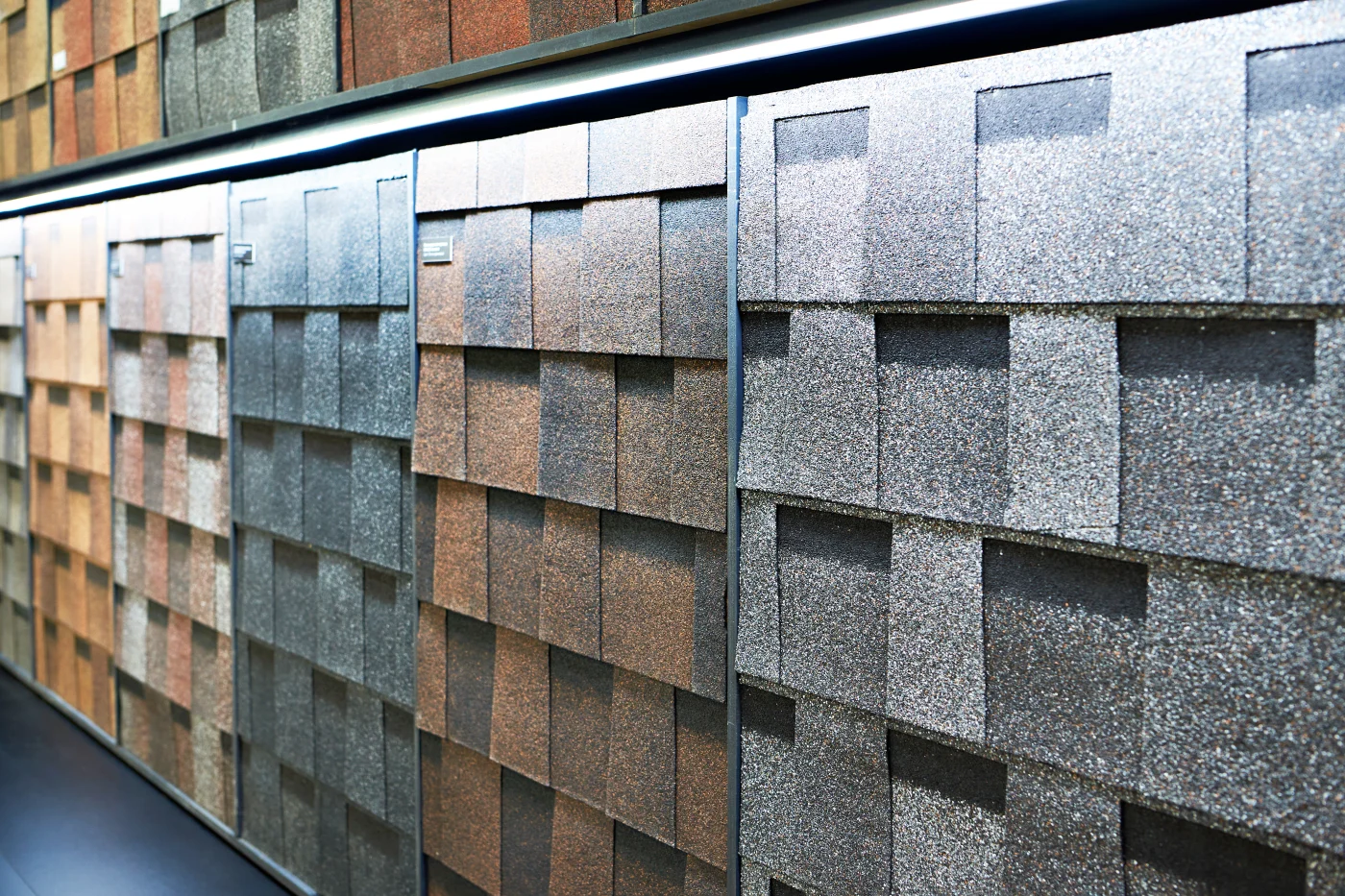 Roofing material and color samples arranged for comparison