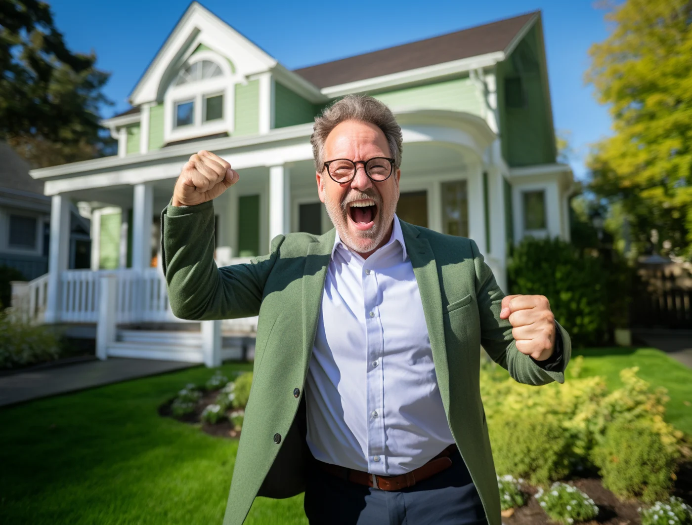 A homeowner standing proudly in front of a newly remodeled exterior