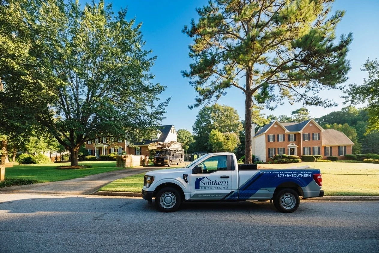 A Southern Exteriors truck on a sunny tree-lined neighborhood street in Watkinsville